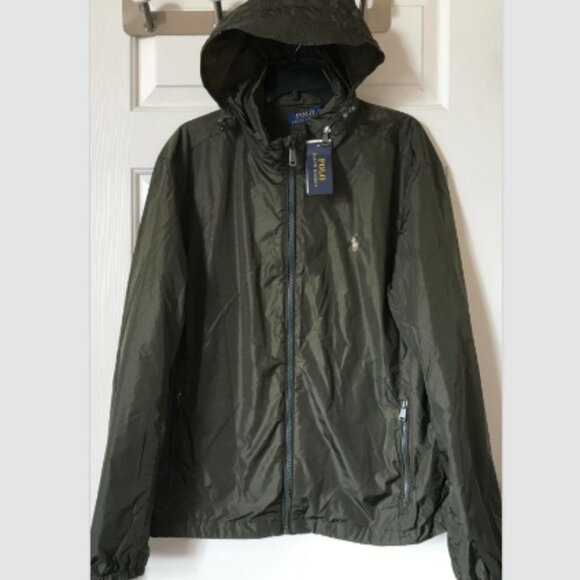 Mens Polo Ralph Lauren Hooded Full Zip Windbreaker Jacket Olive Green